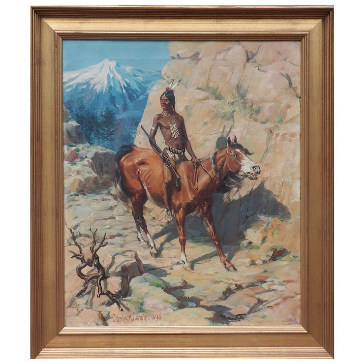 740x740 Indian Native American Warrior On Horse Antique Painting By - Indian On Horse Painting