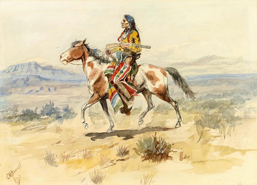 900x648 Blackfoot Indian. A Crow Scout Painting By Charles Marion Russell - Indian On Horse Painting