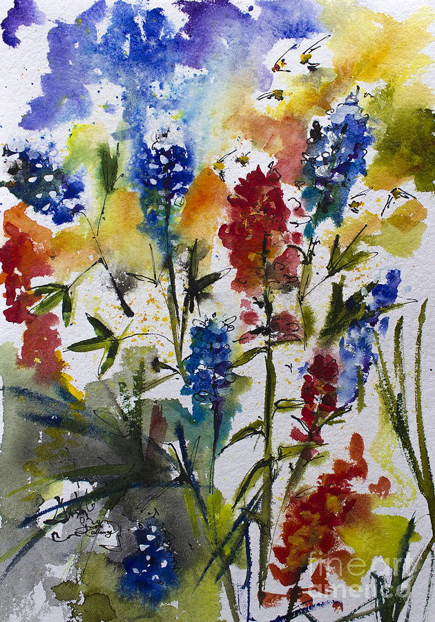 630x900 Texas Blue Bonnets And Indian Paintbrush Watercolor Painting By - Indian Paintbrush Painting