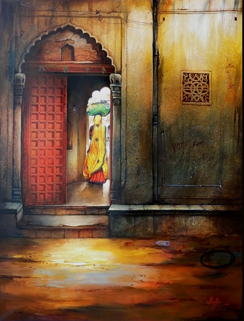 800x1052 Indian Door Ii By Artist Ram Onkar Figurative Art Mixed Media - Indian Painting