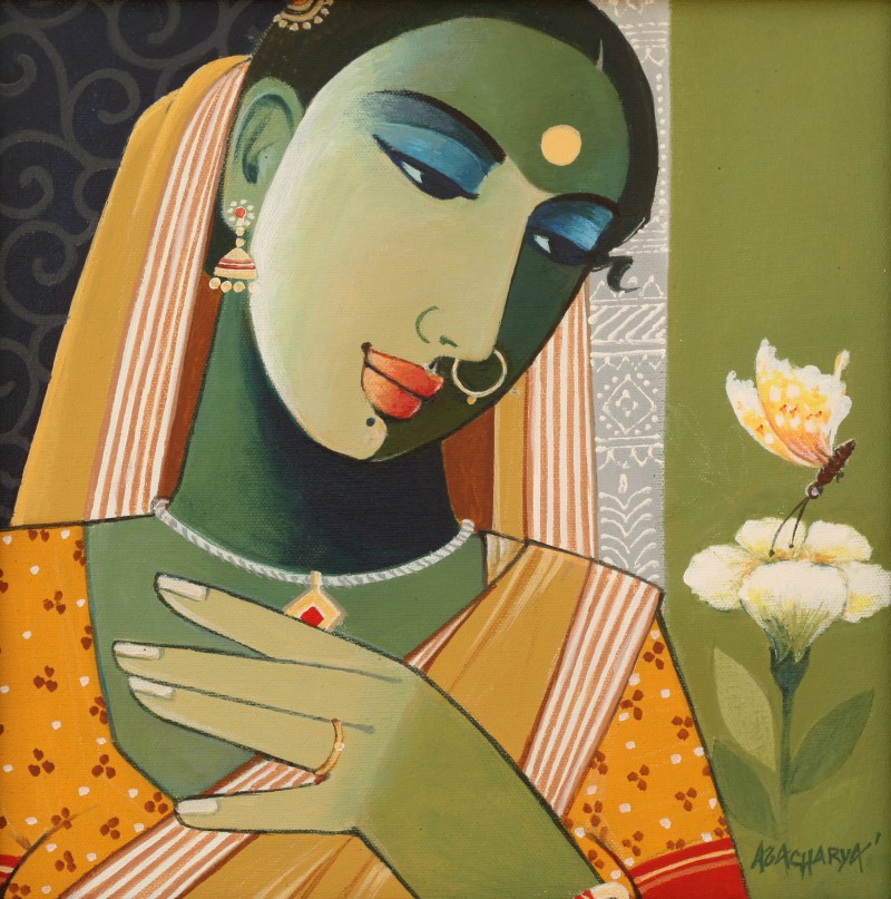 800x807 Indian Woman I By Artist Agacharya A Figurative Art Acrylic - Indian Painting On Canvas