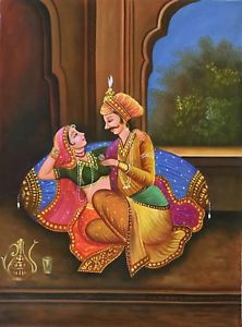 222x300 Rajasthani Prince Princess Painting Handmade Indian Royalty Canvas - Indian Princess Painting