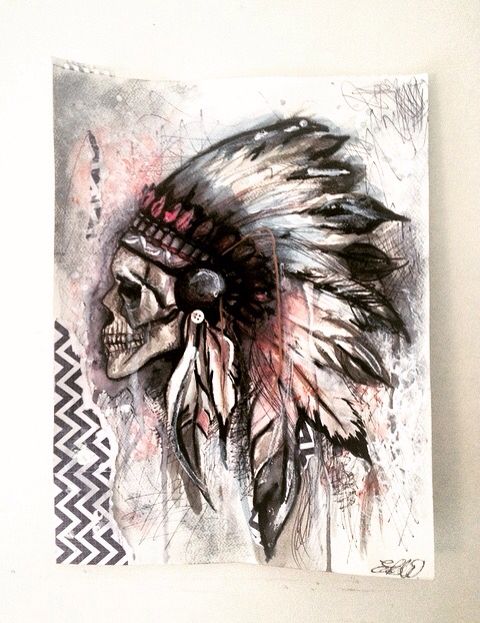 480x623 Indian Skull Painting Watered Down Acrylic And Pen By Emily - Indian Skull Painting