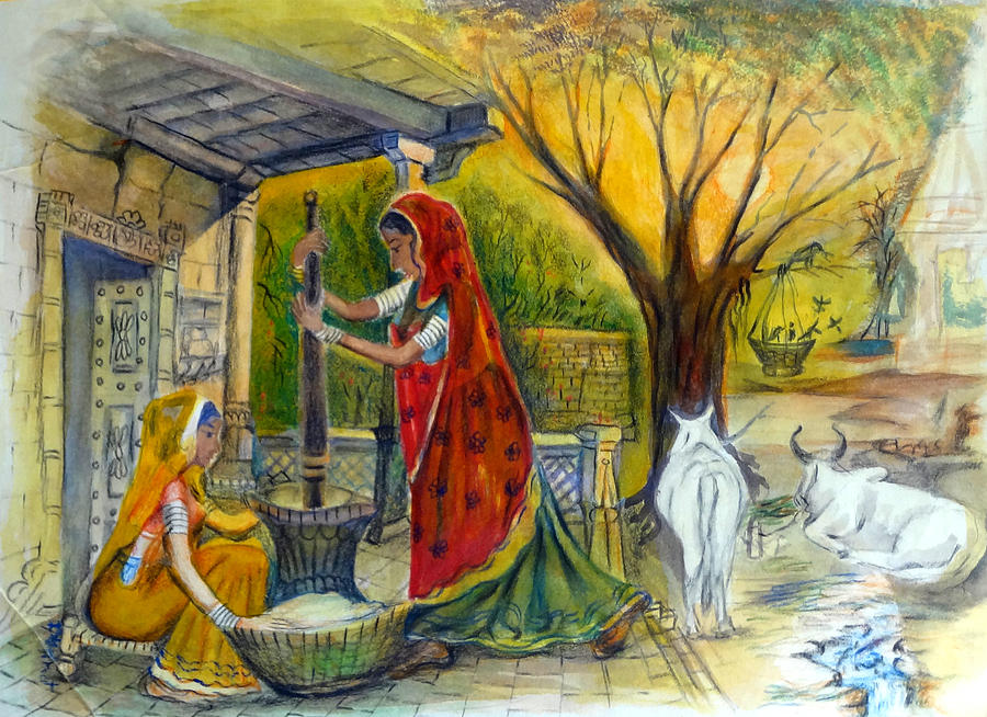 900x654 Indian Village Life - Indian Village Painting