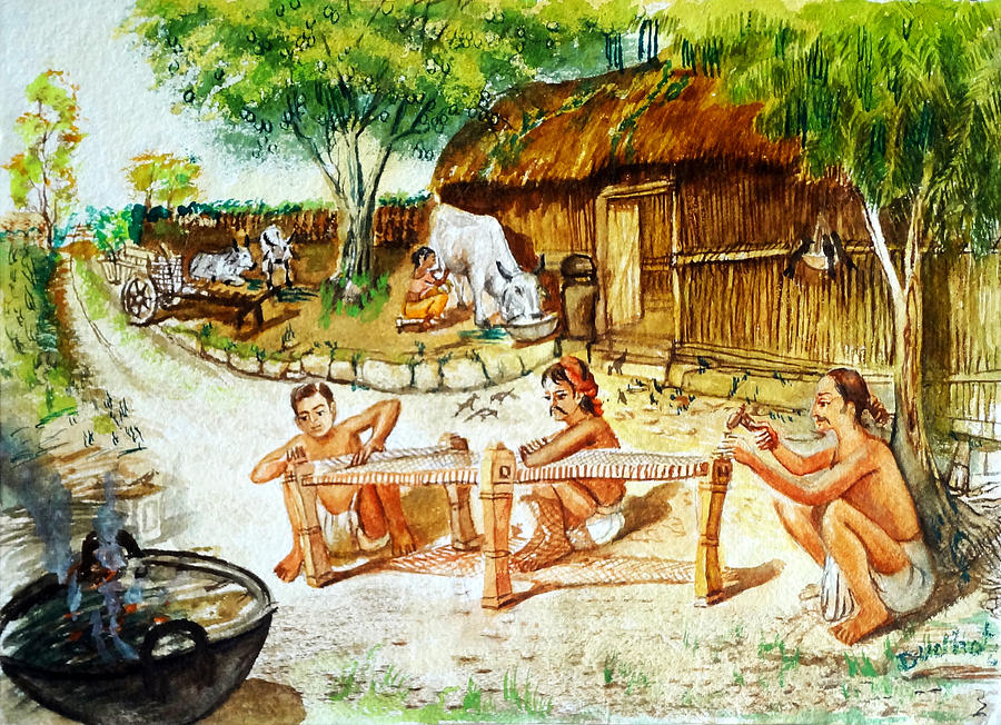 900x652 Indian Village Life 1 Painting By Bhanu Dudhat - Indian Village Painting