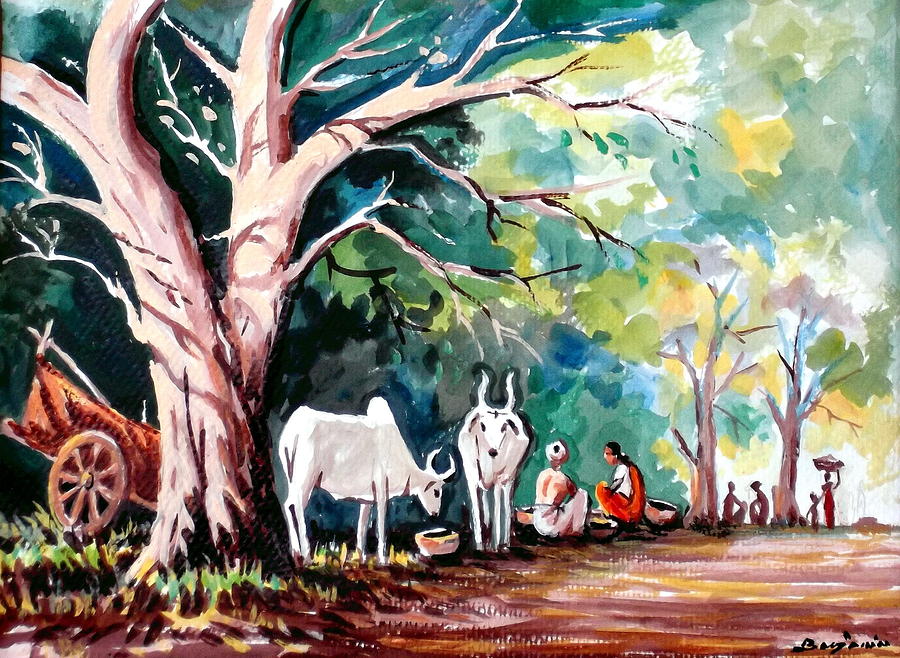 900x658 Indian Village Painting By Benjamin Manohar - Indian Village Painting