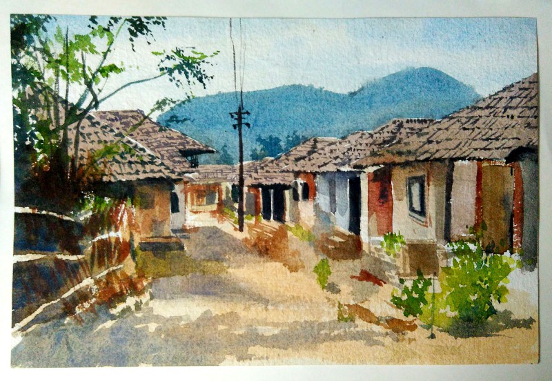 800x552 Indian Village By Artist Akash Chavan Landscape Art Watercolor - Indian Village Painting