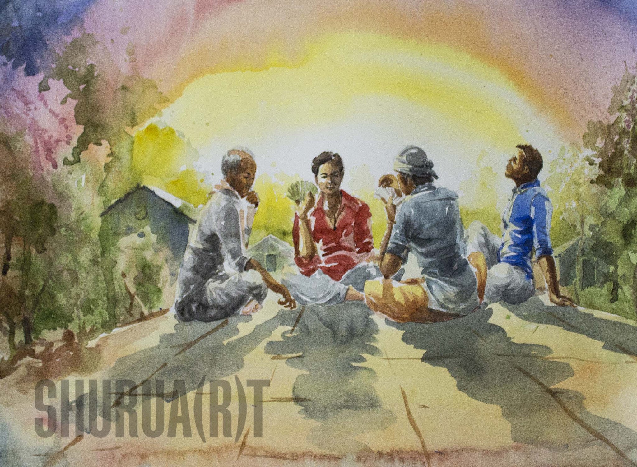 2048x1502 Painting Of A Group Playing Cards In An Indian Village Shurua(R)t - Indian Village Painting