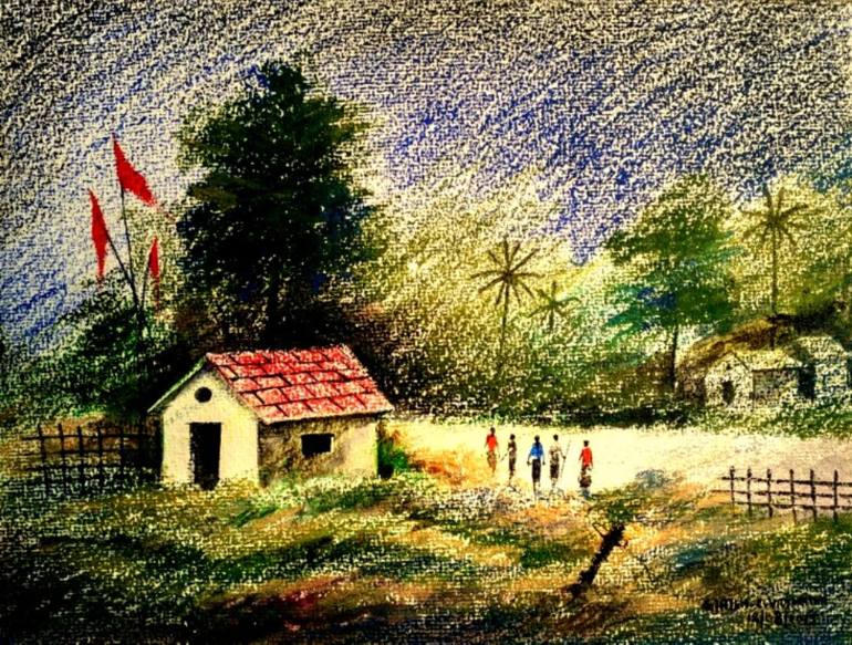 770x583 Saatchi Art Indian Village Painting By Girish Chandra Vidyaratna - Indian Village Painting