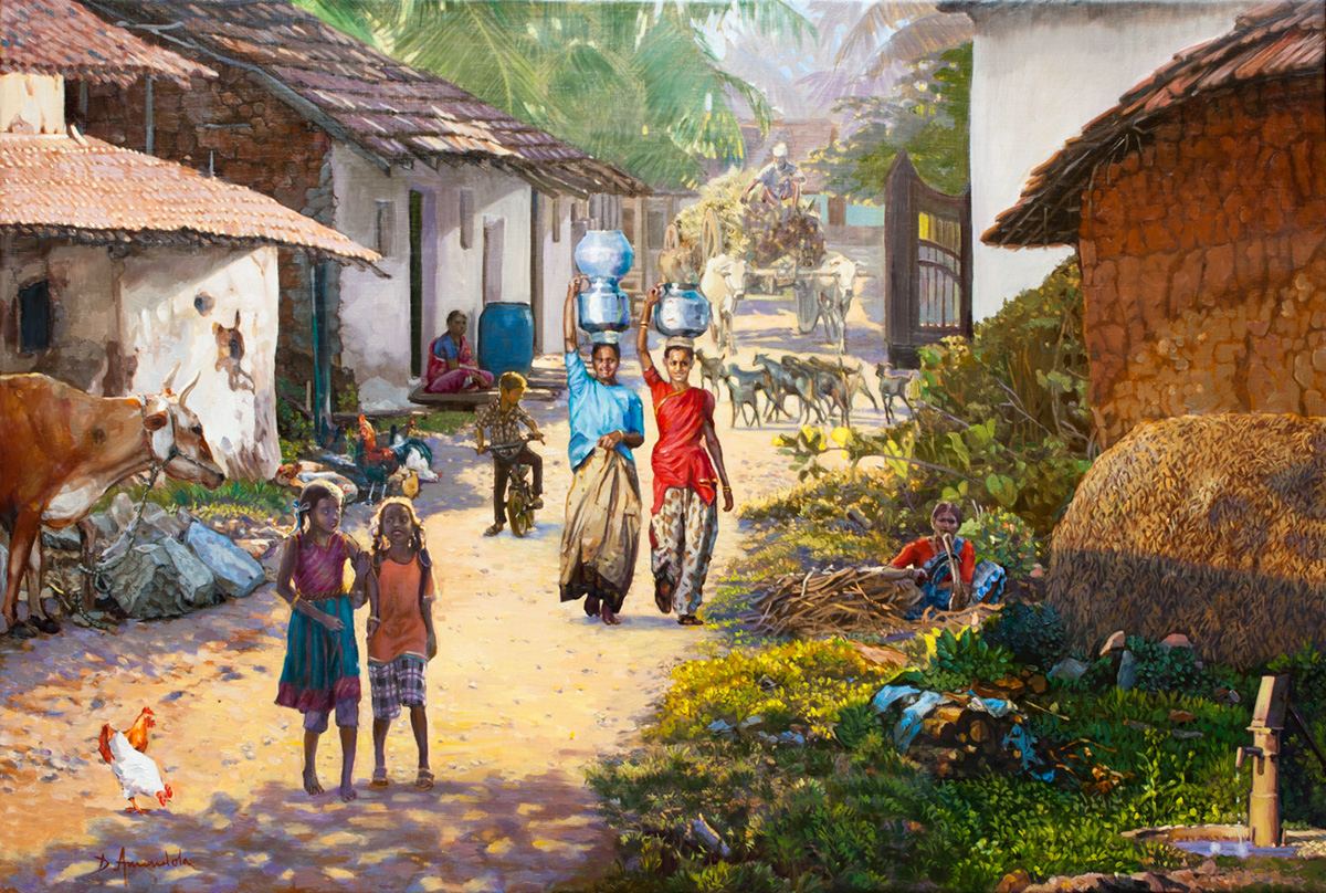 1200x808 Village Scene In India Dominique Amendola Figures Painting - Indian Village Painting