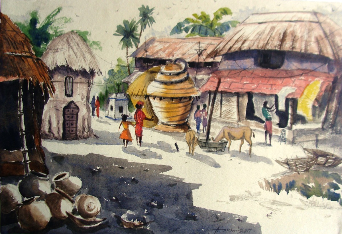 1200x821 Daily Life Of An Indian Village By Artist Anirban Seth - Indian Village Painting