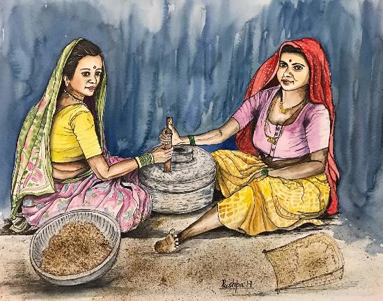 550x432 Indian Village Women Grinding Grane, Painting By Emerging Artist - Indian Village Woman Painting