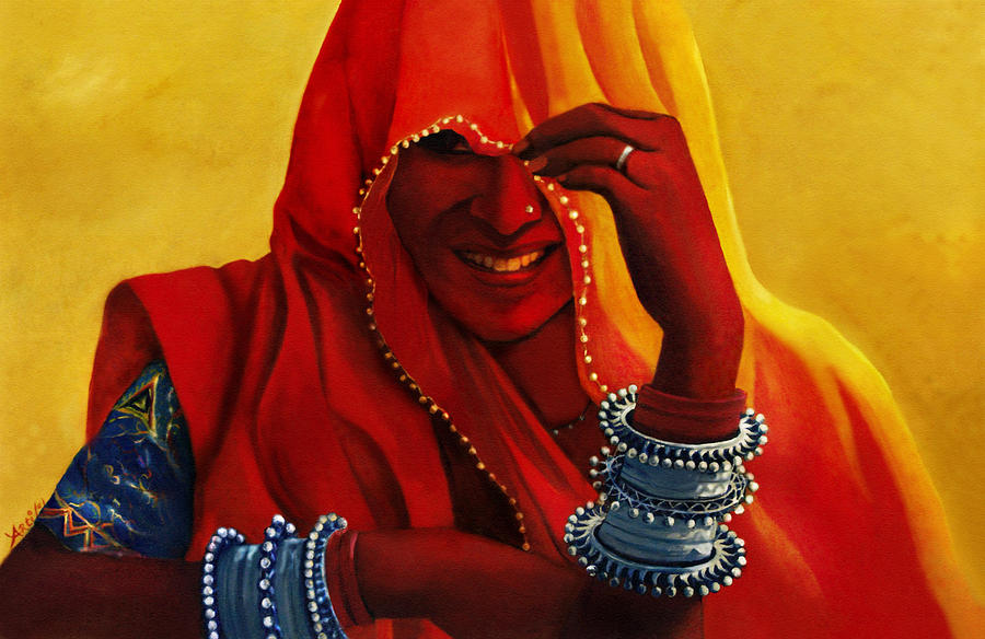 900x584 Indian Woman In Veil Painting By Arti Chauhan - Indian Village Woman Painting