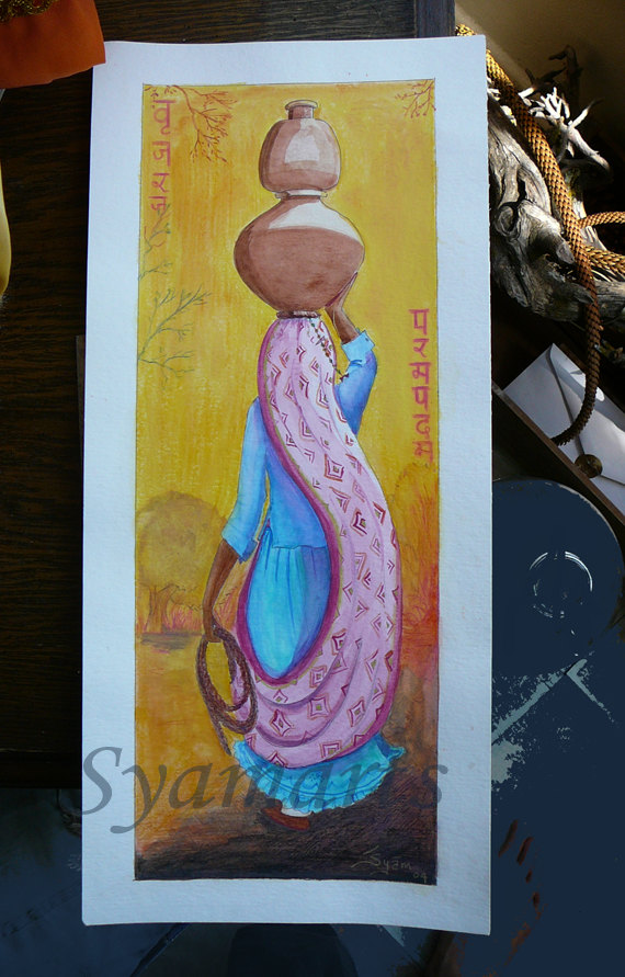 570x891 Indian Village Girl Water Carrier Original Painting - Indian Village Woman Painting