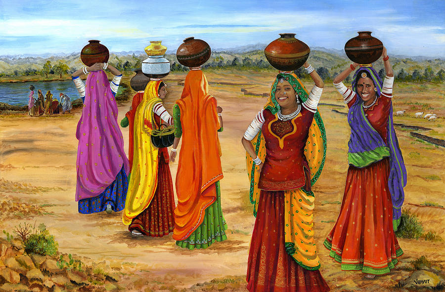 900x591 Rajasthani Women Going Towards A Pond To Fetch Water Painting By - Indian Village Woman Painting