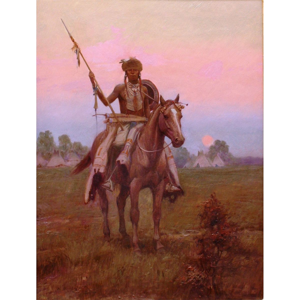 1200x1200 W. Steve Seltzer, Untitled Oil Painting (Indian Warrior On Guard - Indian Warrior Painting