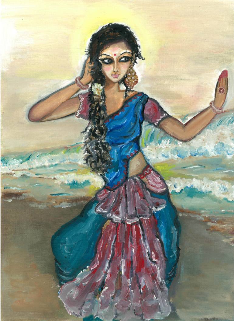 770x1055 Saatchi Art Happy Indian Woman Dancing By The Sea Painting By - Indian Woman Painting
