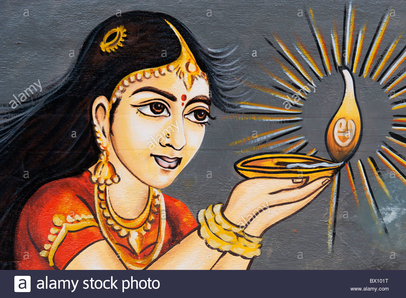1300x955 Traditional Indian Painting Of A Indian Woman Holding An Oil Lamp - Indian Woman Painting