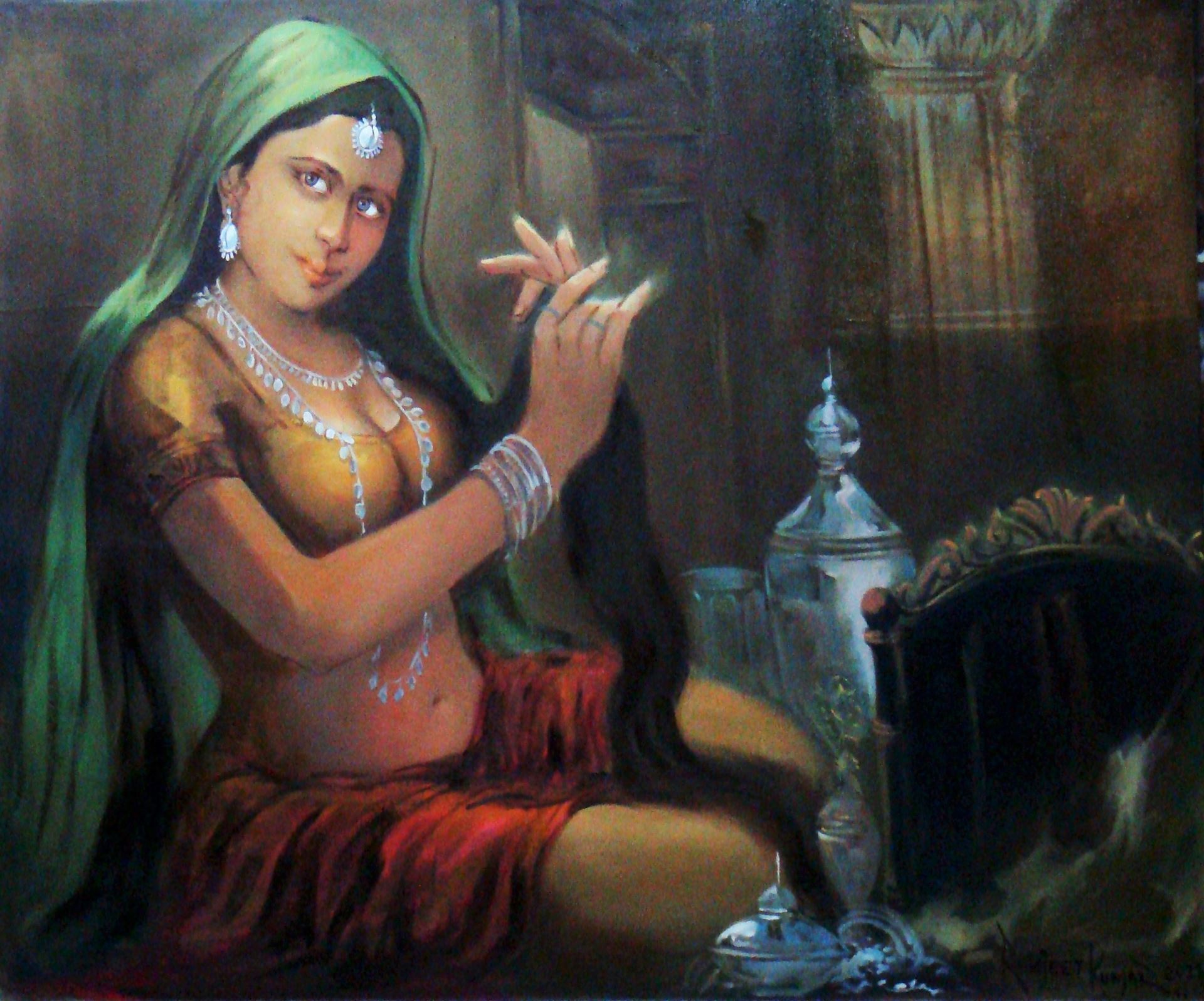 1920x1597 Woman Sprucing Herself Hand Painted Art Painting 30in X 38in - Indian Woman Painting Images