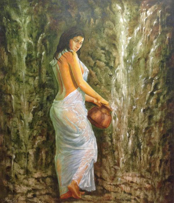600x700 Bathing Woman By Artist Manoj Sen Figurative Art Acrylic Paintings - Indian Woman Painting Images