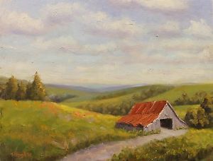 300x228 Original Oil Painting Indiana Old Barn Farm Field Landscape - Indiana Painting