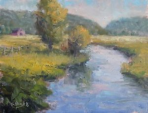 300x230 Original Oil Painting Indiana River Bend Barn Farm Field Hills - Indiana Painting