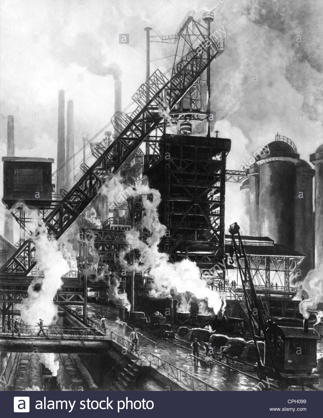 1075x1390 Industry, Metal, Am Hochofen , Painting By Fritz Gaertner, Early - Industrialization Painting