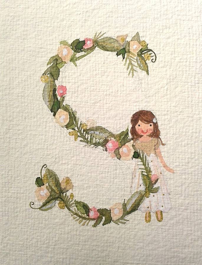 685x900 Girl's Floral Initial Painting By Love Lucy Illustration - Initial Painting