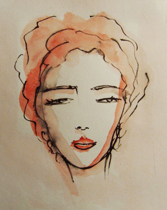 570x718 Face Painting Original Ink And Acrylic Drawing Womans Face - Ink Painting Portrait
