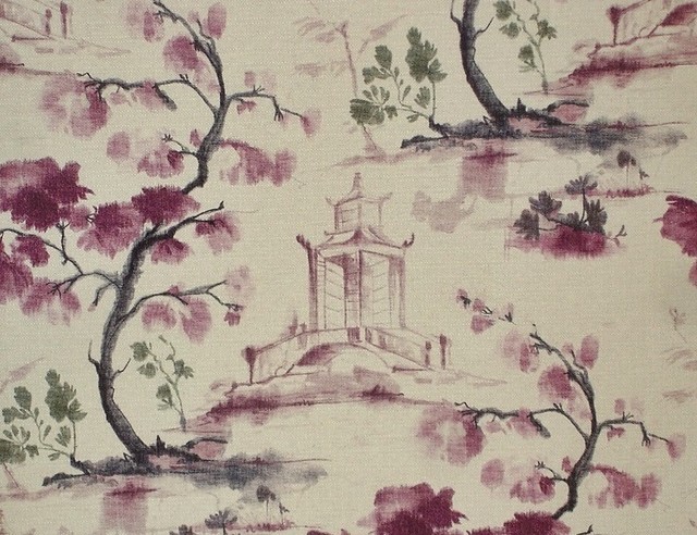 640x492 Oriental Toile Fabric Purple Ink Wash Painting Literati Pagoda - Ink Wash Painting