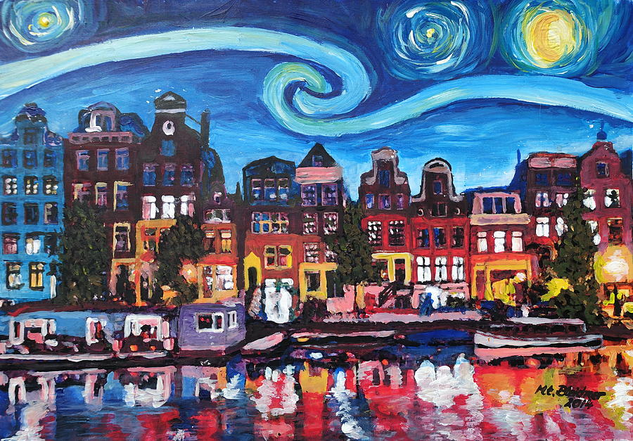 900x627 Starry Night Over Amsterdam Canal With Van Gogh Inspirations - Inspirations Painting