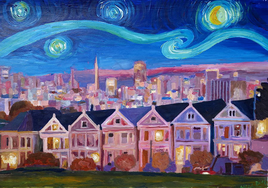900x632 Starry Night With Painted Ladies San Francisco With Van Gogh - Inspirations Painting