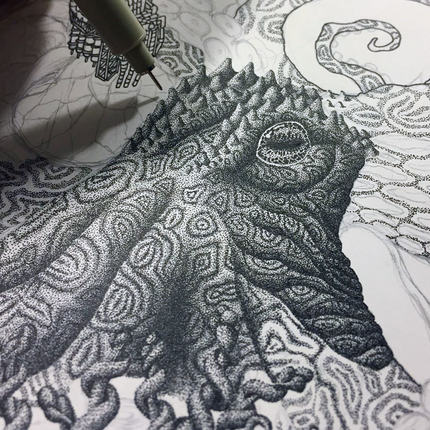 880x880 Millions Of Dots Form Intricate Pen Drawings To Raise - Intricate Painting
