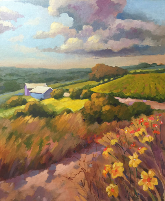 570x695 Original Acrylic Landscape Painting, Clouds Over Fields 2, Iowa - Iowa Painting