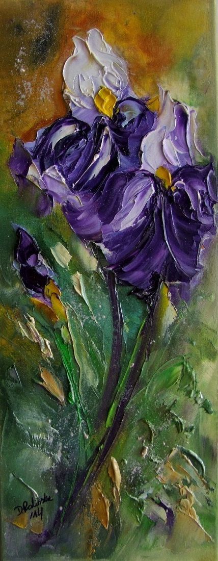 428x1100 Purple White Irises Impasto Original Oil Painting Textured Flowers - Iris Oil Painting