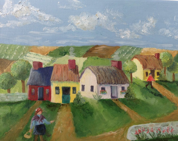 570x451 Folk Art Oil Painting Irish Village Original Art Small Format - Irish Painting