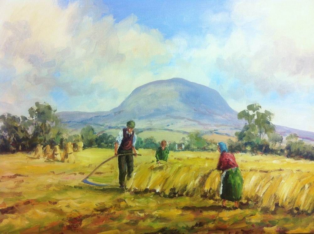 1000x746 Irish Painting By Nigel Allison Cutting Corn Near Slemish - Irish Painting
