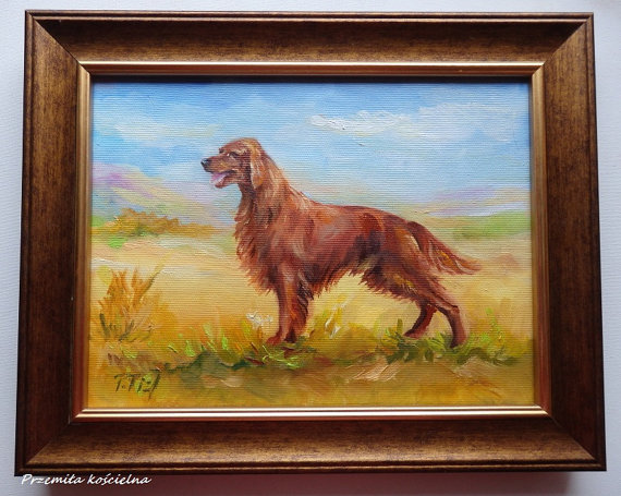 570x455 Irish Setter Dog Portrait On Landscape Original Oil Painting - Irish Setter Painting
