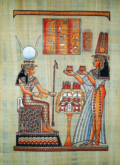 400x550 Queen Nefertari Gifts To Goddess Isis, Papyrus Painting - Isis Painting