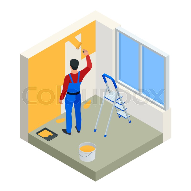 800x800 Isometric Paintroller Painting White Wall With Roller Red Paint - Isometric Painting