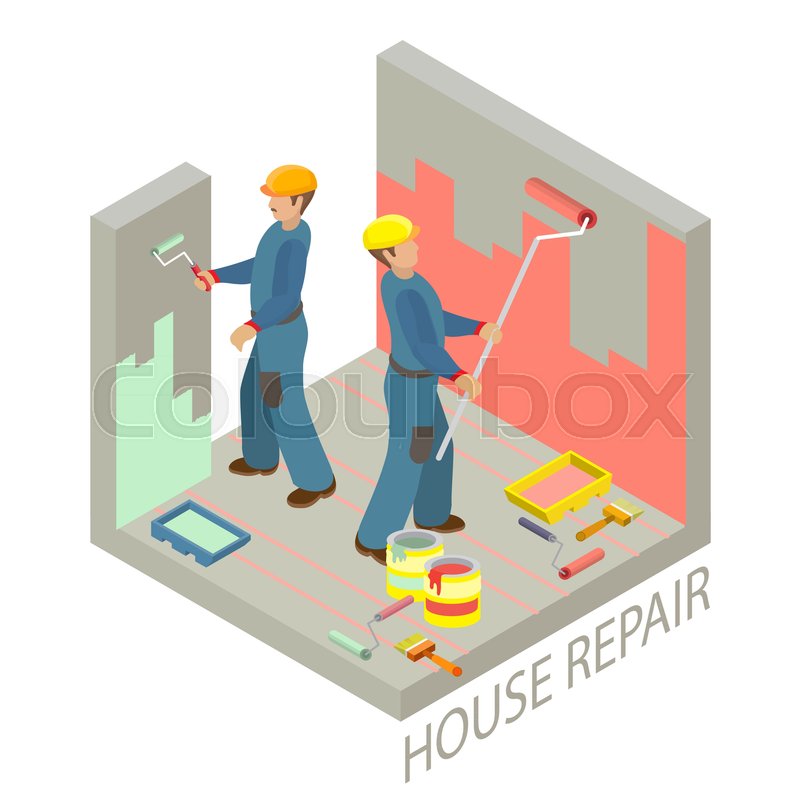 800x800 Isometric Interior Repairs Concept. Two Decorators Are Painting - Isometric Painting
