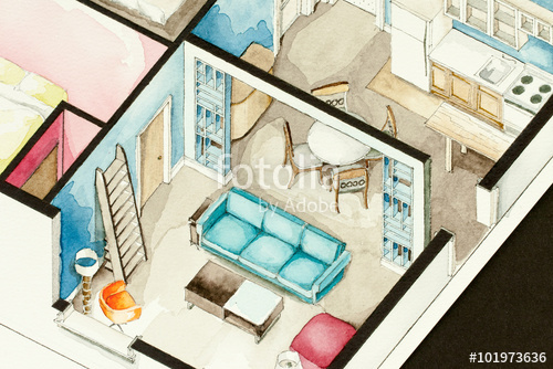 500x334 Watercolor Isometric Painting Illustration Of Living Room - Isometric Painting