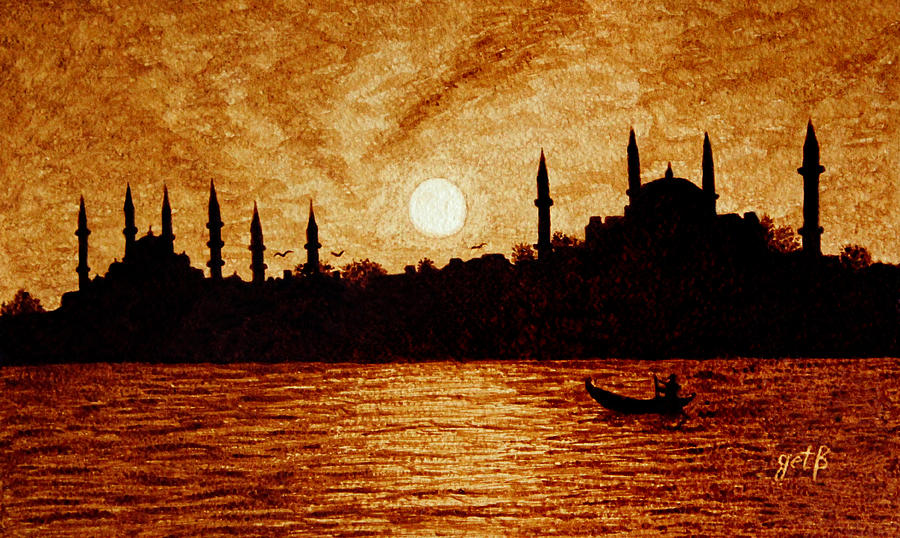 900x538 Sunset Over Istanbul Original Coffee Painting Painting By Georgeta - Istanbul Painting