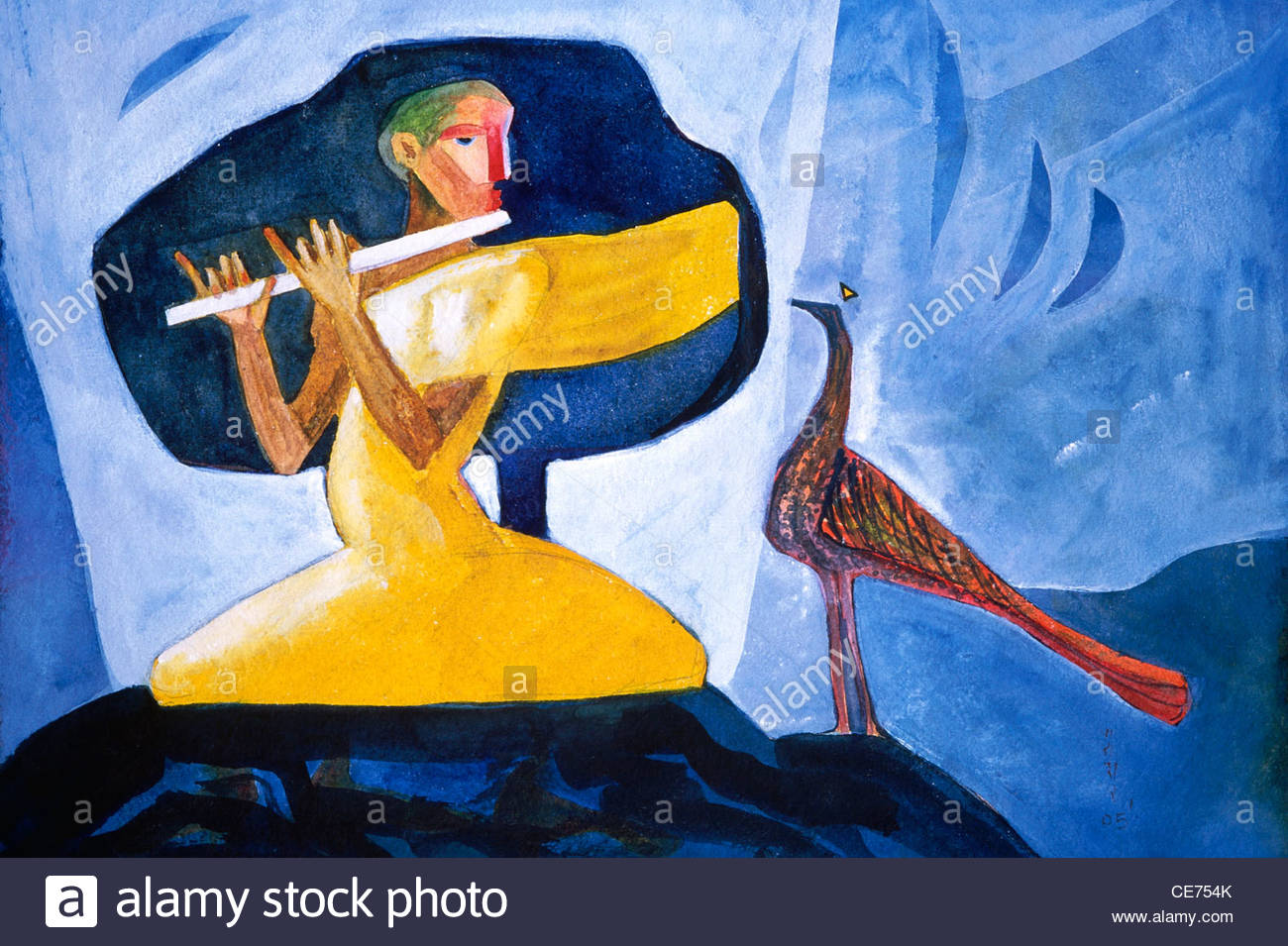 1300x955 Stp 84595 Painting Of Man Playing Flute Sitting On A Rock Tree - It Flute Painting