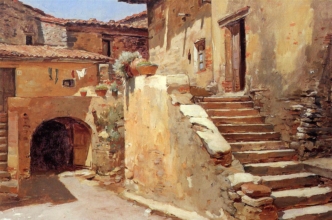 1141x758 Italian Courtyard 1886 1887 Painting Frank Duveneck Oil Paintings - Italian Oil Painting