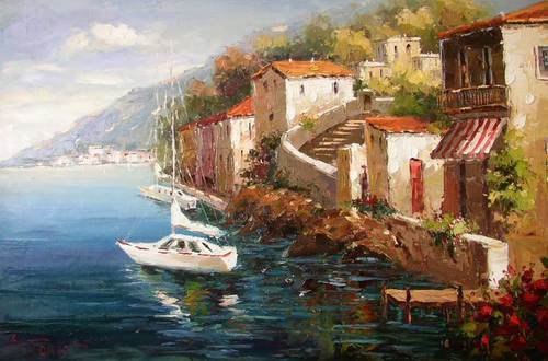 500x330 Italian Ocean Sea Resort Boats Homes Oil On Canvas Impressionist - Italian Painting