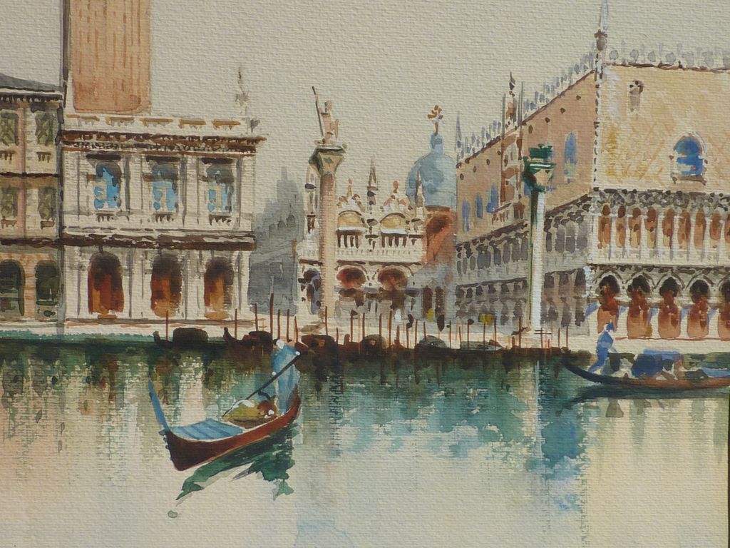 1024x768 Italian Art Watercolor Painting Of Tower St. Mark's Basilica - Italian Painting
