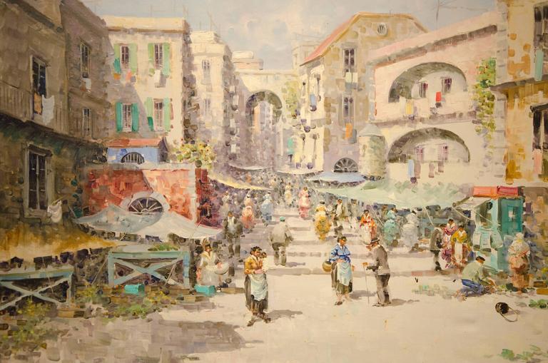 768x509 Large Vintage Italian Market Scene Painting For Sale - Italian Painting