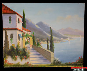 300x247 Original Oil Painting Artist Signed Italian Villa Mountains Lake - Italian Villa Painting