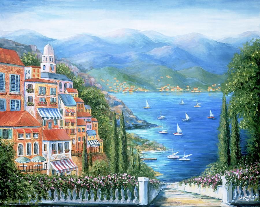900x716 Italian Village By The Sea Painting - Italian Village Painting